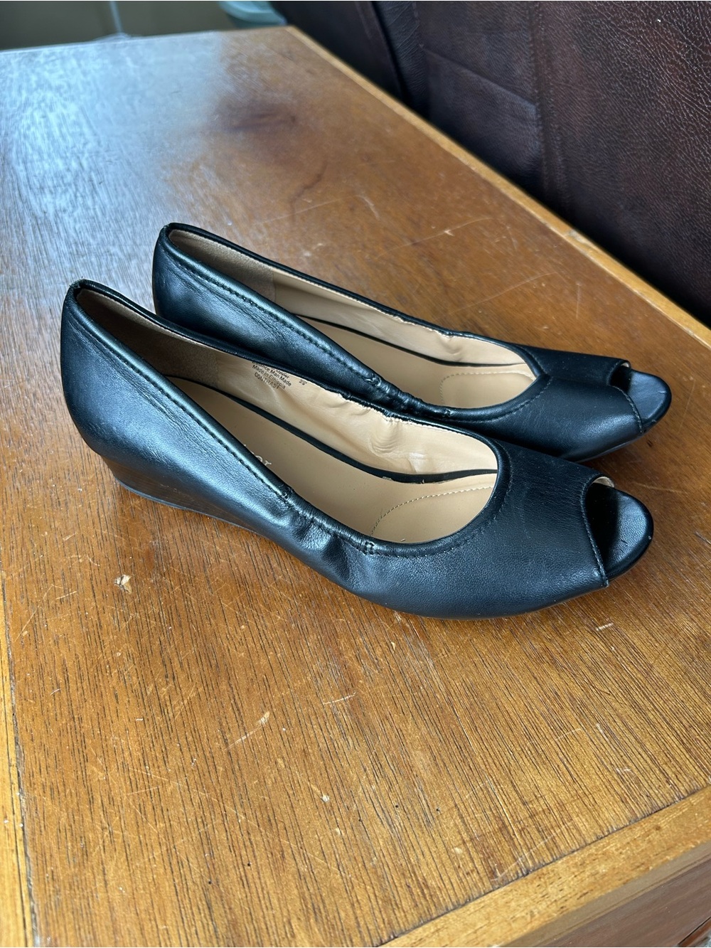 Naturalizer Black Leather Peep-Toe Low Wedge Pumps